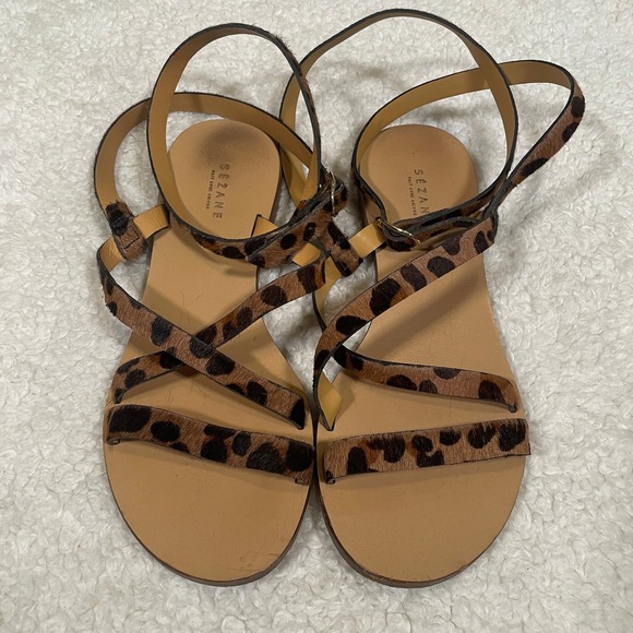 Sezane Leopard Print Sandals Calf Hair Leather Ankle Strap Flat Tan Size 37 US 6